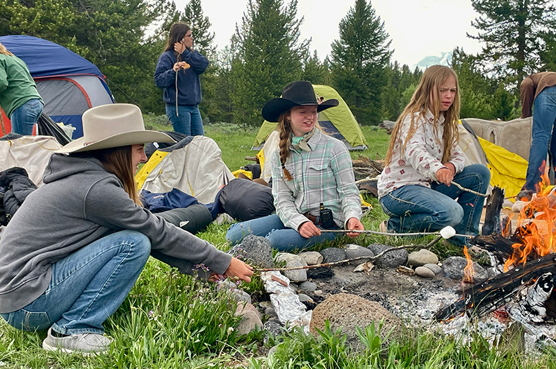 Group of girls camping and roasting marshmallows in the day time
