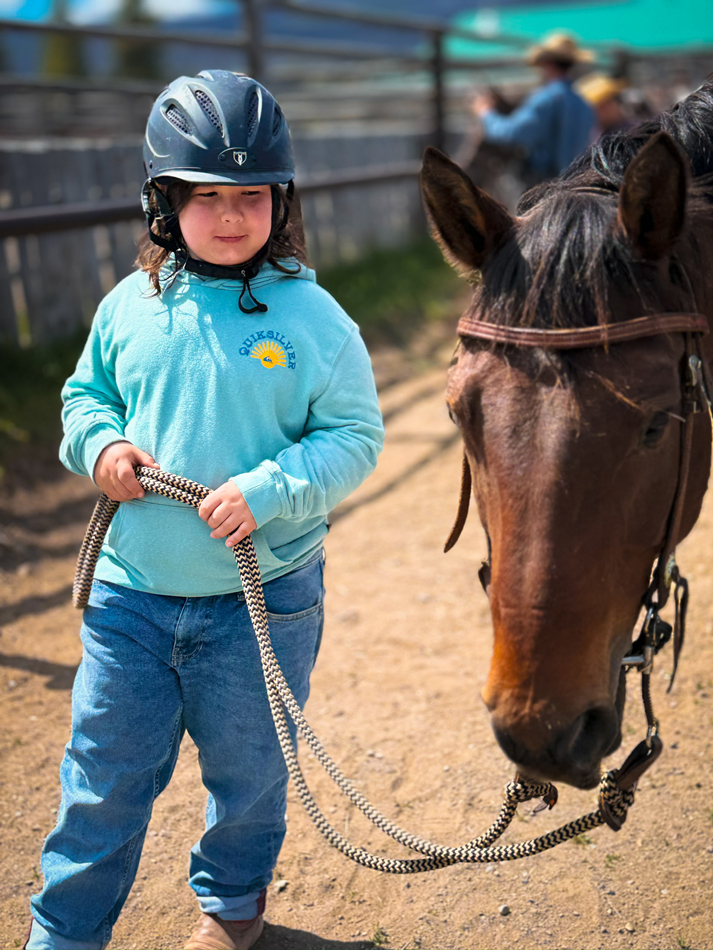 Little boy leading a horse with a bridle in a pen